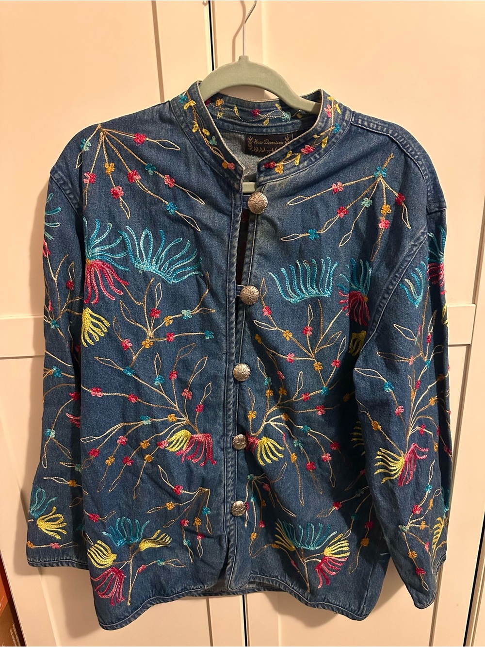 Vintage New Direction Embroidered Denim Jacket Floral Colorful Boho Medium